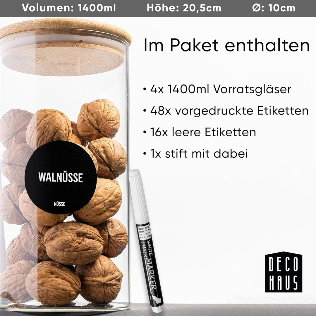 Deco haus Vorratsgläser mit Deckel 4er set, Vorratsdosen Glas Luftdicht - Glas Vorratsdosen mit Deck