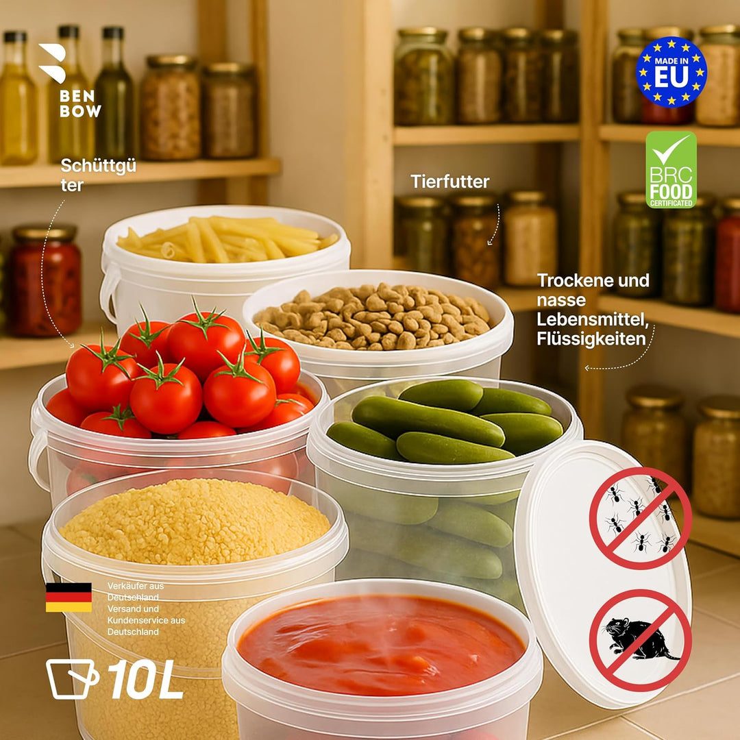 BenBow Eimer mit Deckel 10l transparent 20x 10 Liter - lebensmittelecht, stabil, luftdicht - Aufbewa