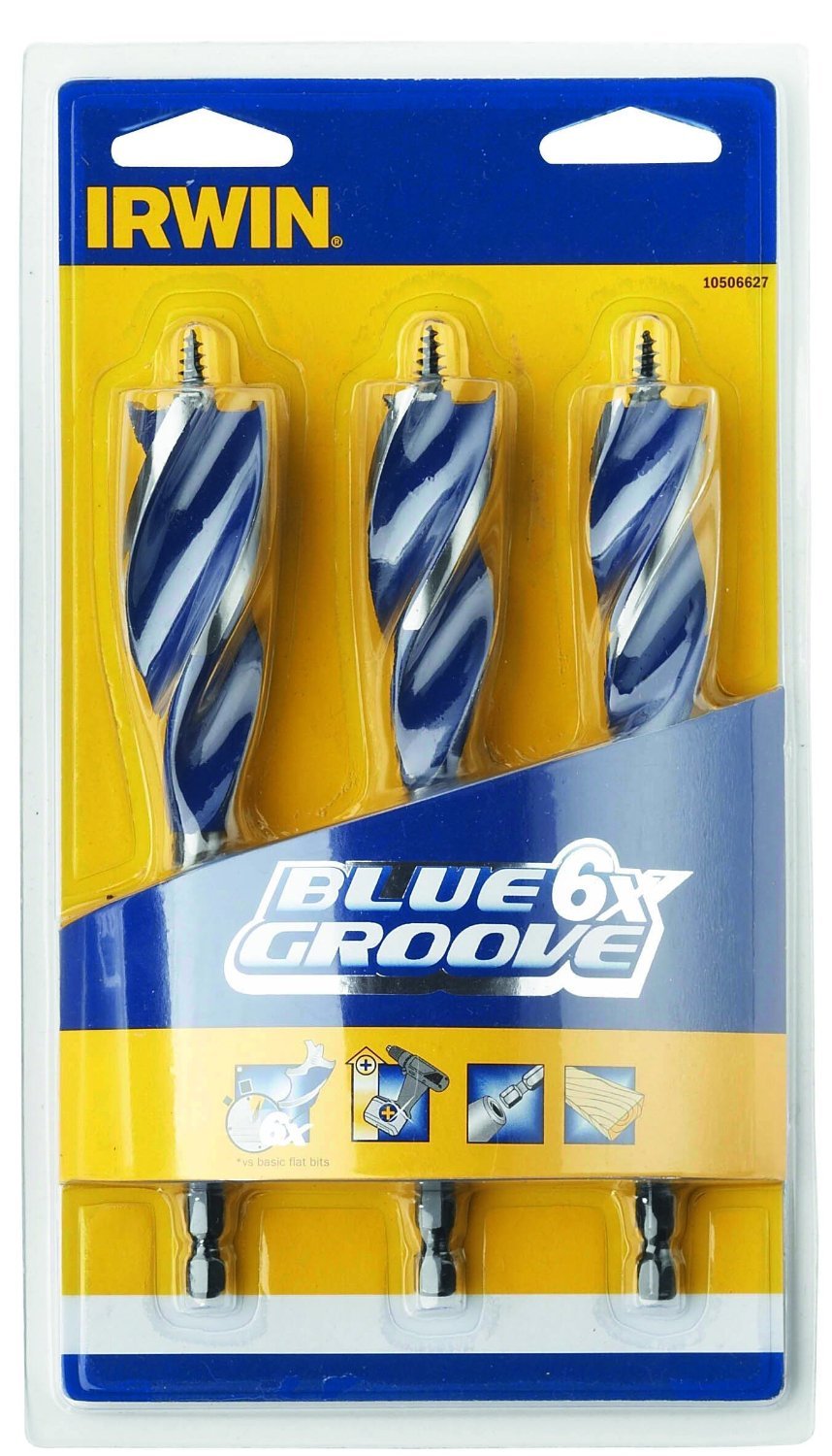 Irwin Blue Groove 6X Holzbohrer-Satz 20, 22, 25 mm 3-teilig, 3 Schneiden mit Sporne, 10506627 set 3,