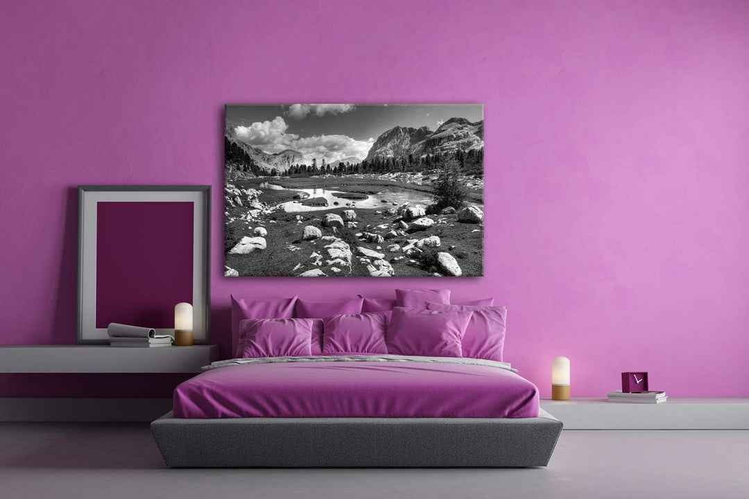 Fluss in den Bergen Format: 80x60 Effekt: Schwarz&Weiss als Leinwandbild, Motiv fertig gerahmt auf E