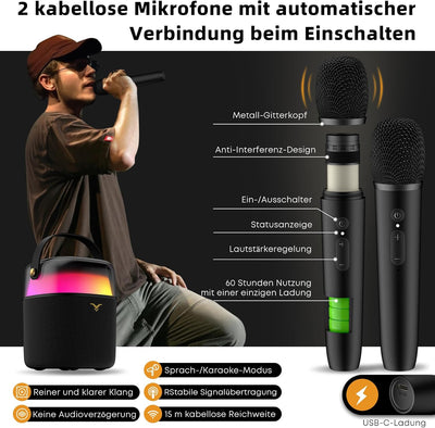 StageSound Karaoke-Maschine, tragbarer Bluetooth-Lautsprecher mit 2 drahtlosen Mic, PA-System mit Vo