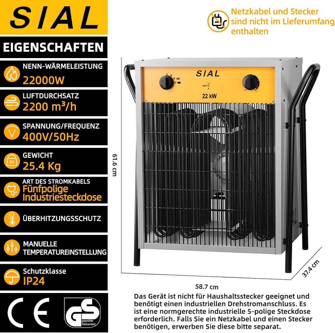 SIAL Heizgebläse 22000W - Elektroheizer Heizlüfter - Bauheizer Bautrockner - Industrielle Heizstrahl