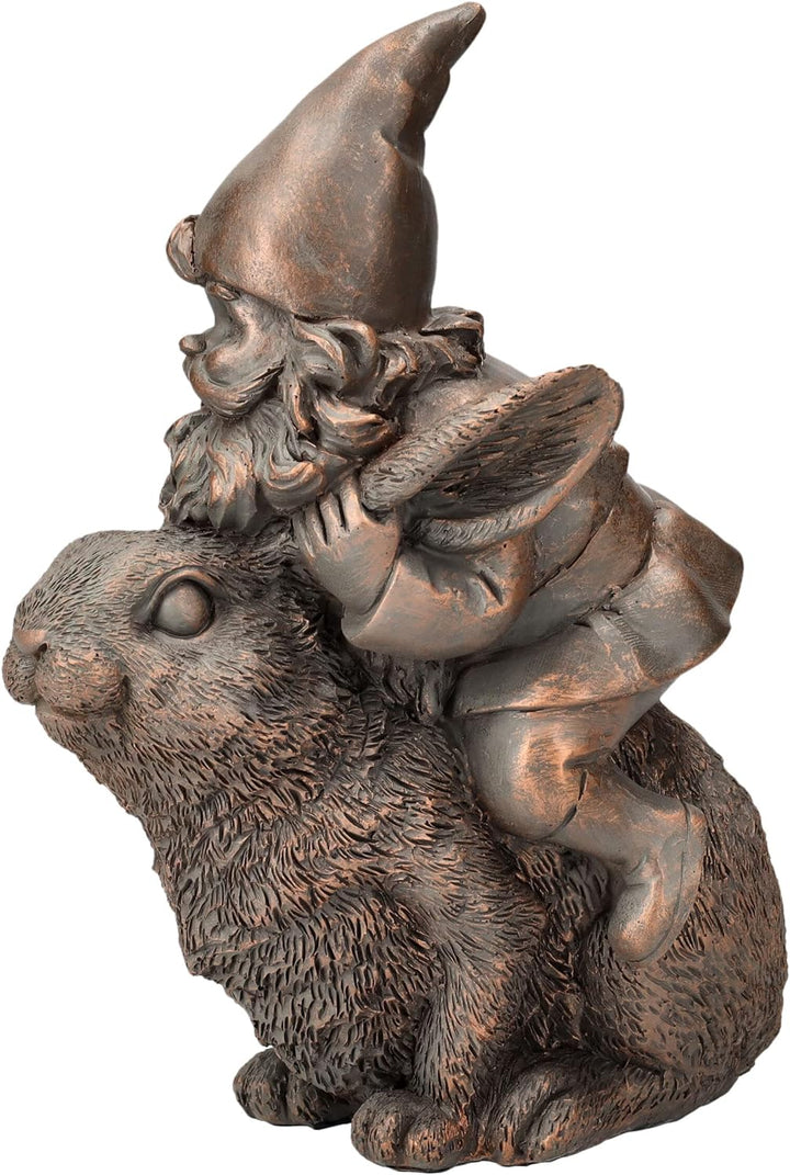 Pacific Giftware Gartenzwerg Figur reitet auf Hase | Bronzefarben Garten-Figur Deko Zwerg