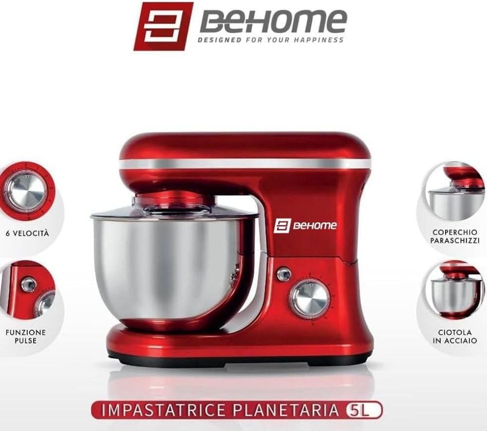 BEHOME Professionelle Knetmaschine, 1200 W, 5 l, 6 einstellbare Geschwindigkeiten, Pulse-Funktion, S