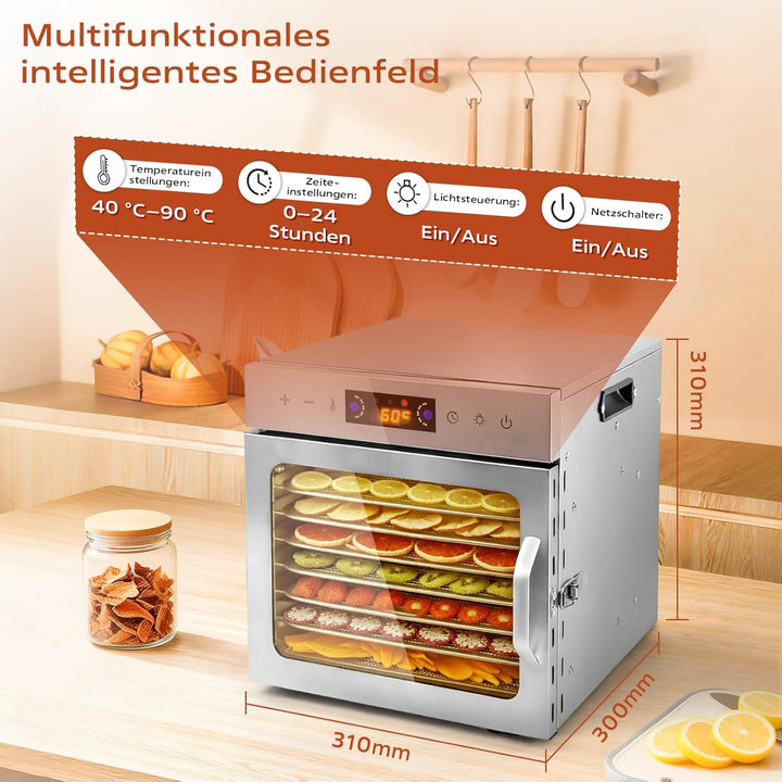 Dörrautomat Edelstahl mit 8 Stainless Steel Grids und 8 er Dörrfolie, BPA-frei, Einstellbare Tempera