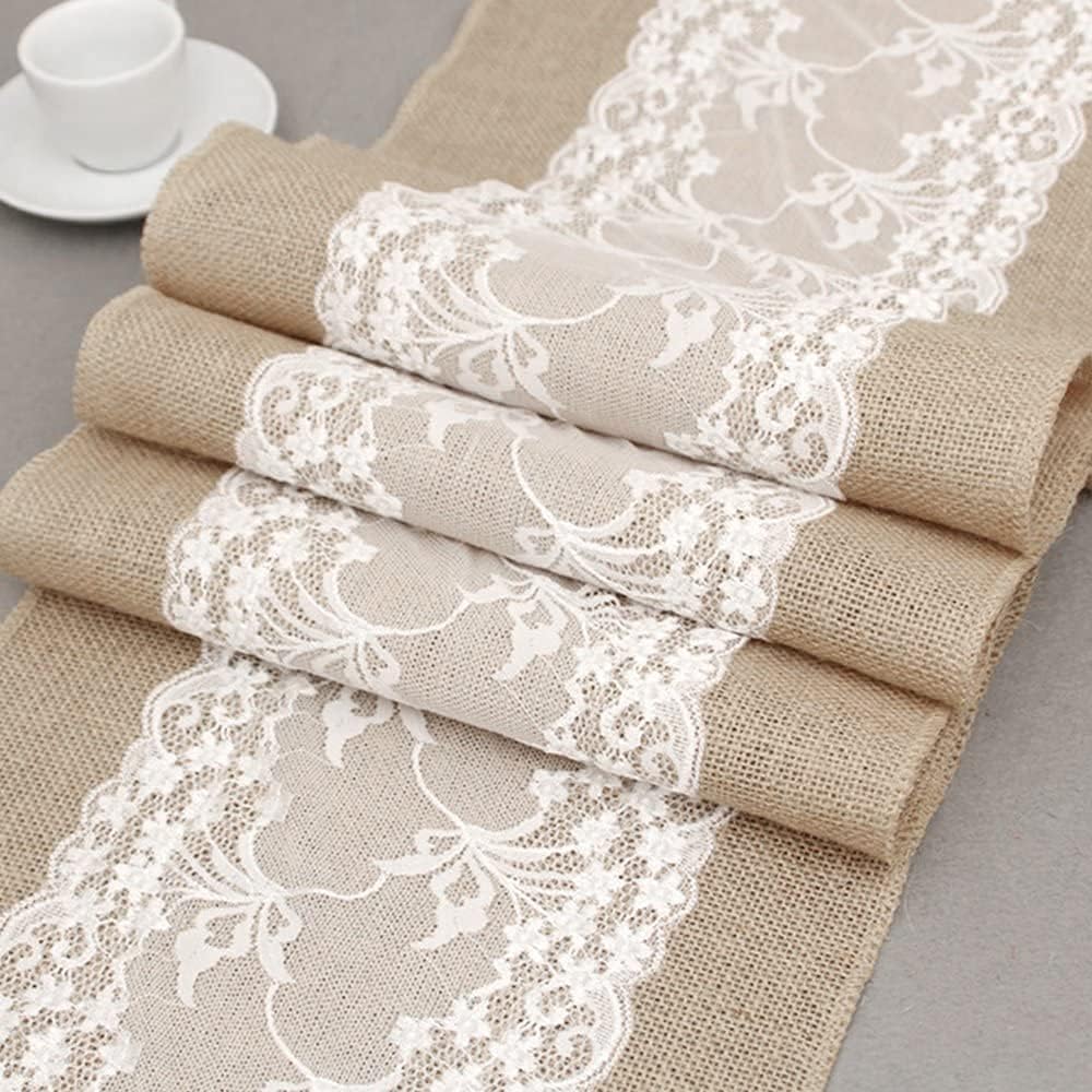 10 Stücke Tischläufer mit Spitze, Juteband Tischband Natur Hochzeit Deko Vintage Tischdeko Hochzeits