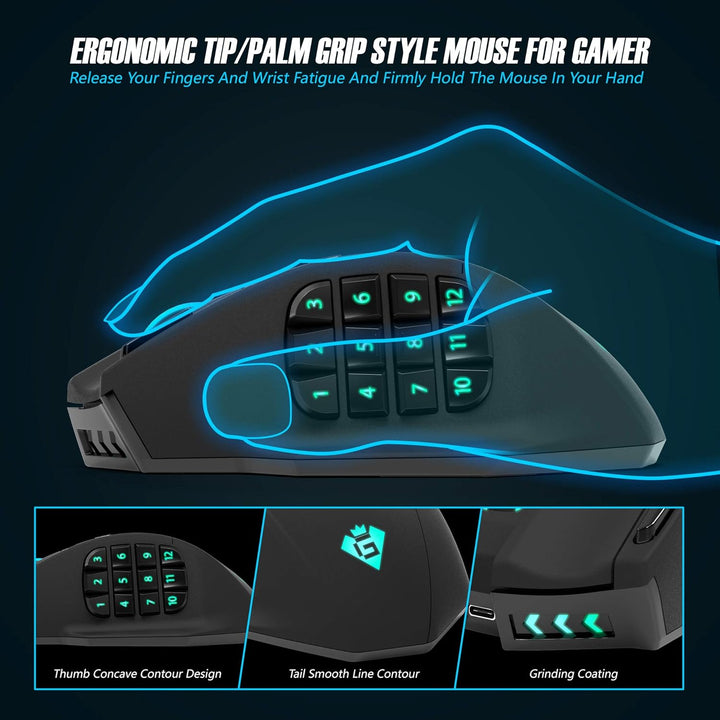 Rytaki Gamspeed V8 Pro Wireless MMO Gaming Maus 16000 DPI USB Laser MMO Maus mit RGB Beleuchtung/16