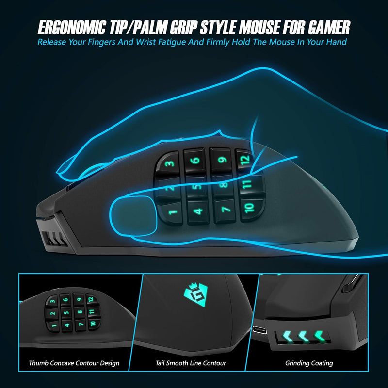 Rytaki Gamspeed V8 Pro Wireless MMO Gaming Maus 16000 DPI USB Laser MMO Maus mit RGB Beleuchtung/16