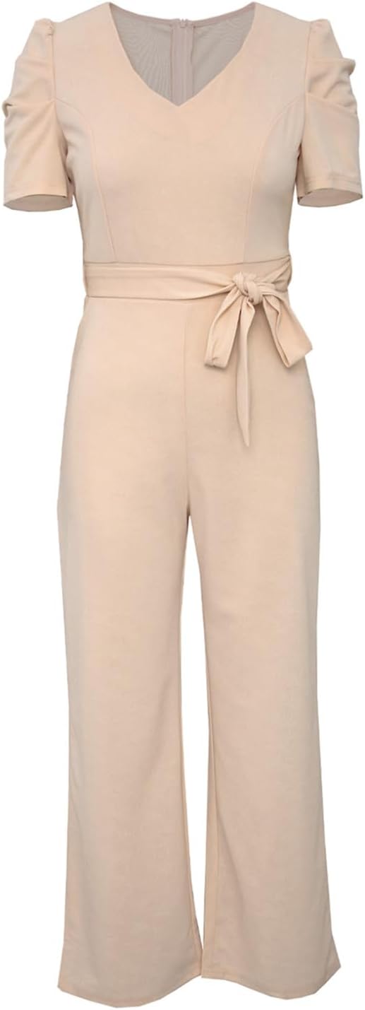 Damen Lang Jumpsuit Overall Hosenanzug Elegant Romper Kurzarm Rundhals Playsuit mit Gürtel Hosenanzu