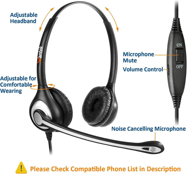 Wantek Telefon Headset RJ11 Binaural mit Noise Cancelling Mikrofon, Quick Disconnect, Festnetztelefo