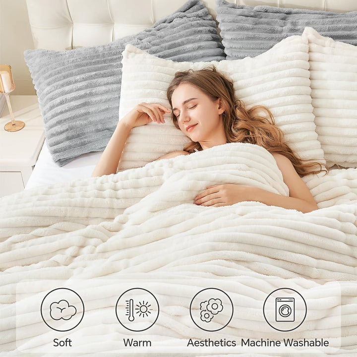 BEDELITE Fleece-Bettwäsche-Set für King-Size-Betten, super weich und warm, flauschig, weiss, luxuriö