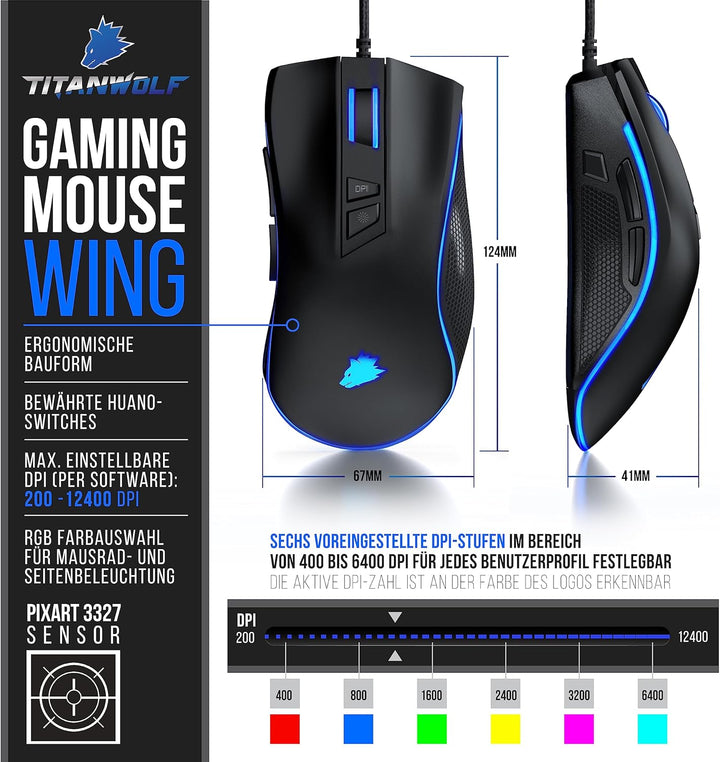 Titanwolf - Kabelgebundene Gaming-Maus mit Optischem Sensor mit 200 bis 12400 DPI, 8 programmierbare