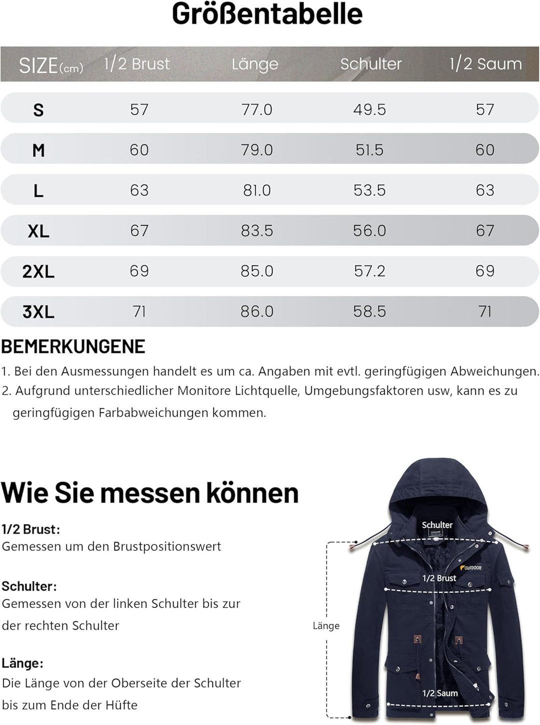 KEFITEVD Winterparka Herren Fleece Gefüttert Winterjacke mit Viele Taschen Kapuze Warm Winter Mantel