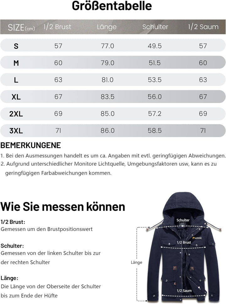 KEFITEVD Winterparka Herren Fleece Gefüttert Winterjacke mit Viele Taschen Kapuze Warm Winter Mantel