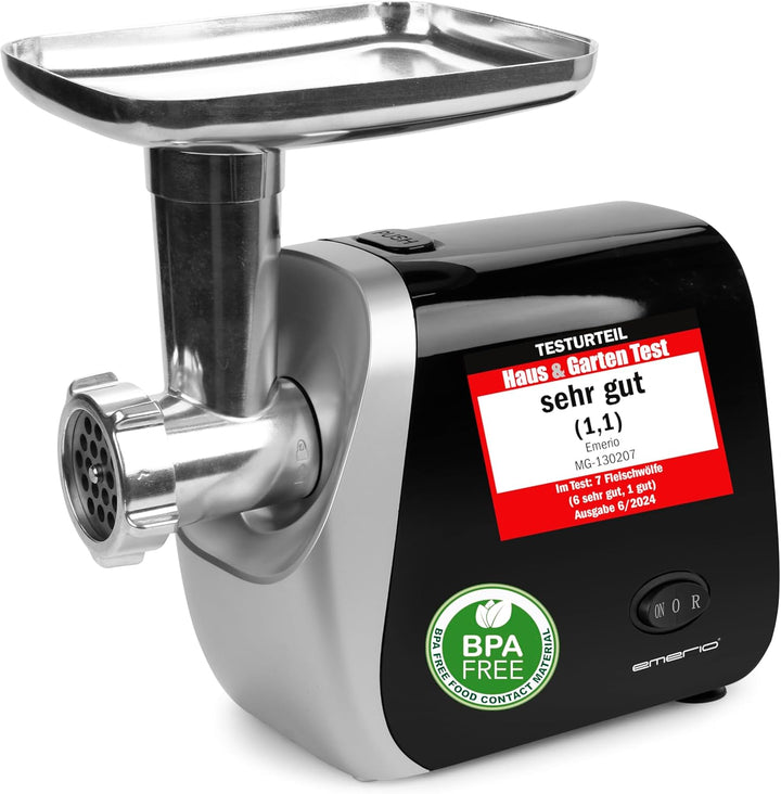 Emerio Fleischwolf | elektrisch | 3 Fleischeinsätze (fein/mittel/grob) + Wurststopfaufsatz + Kebbeau