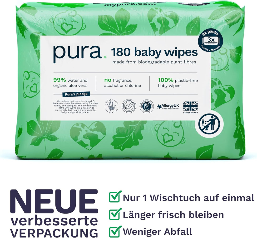 Pura Öko-Feuchttücher für empfindliche Babyhaut, 180 Tücher (3 x 60 Tücher), Monatsbox, 99% Wasser,