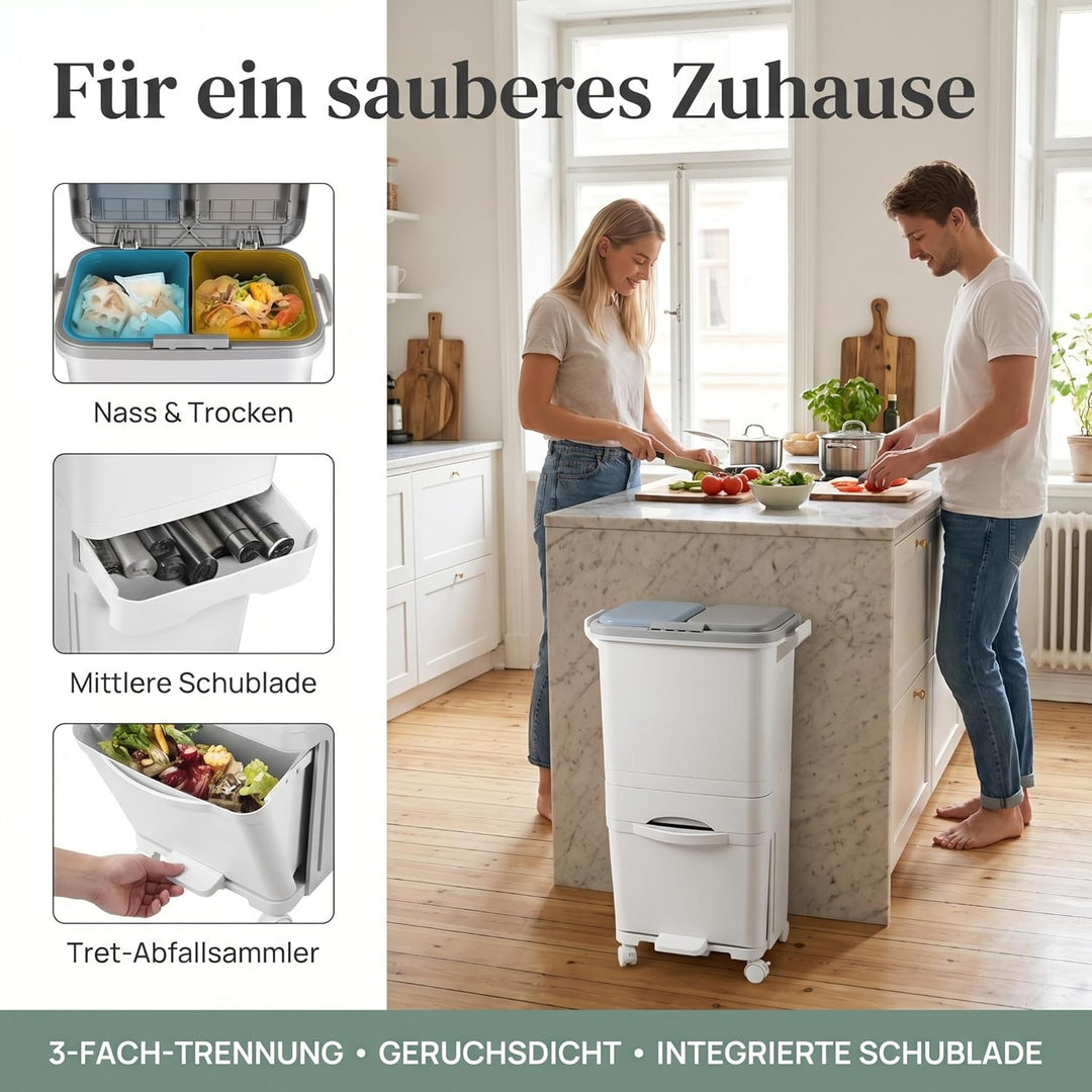 Grossvolumiger 42-Liter-Mülleimer mit 3 Fächern und Druckdeckel – Treteimer mit Fusspedal und Lenkro