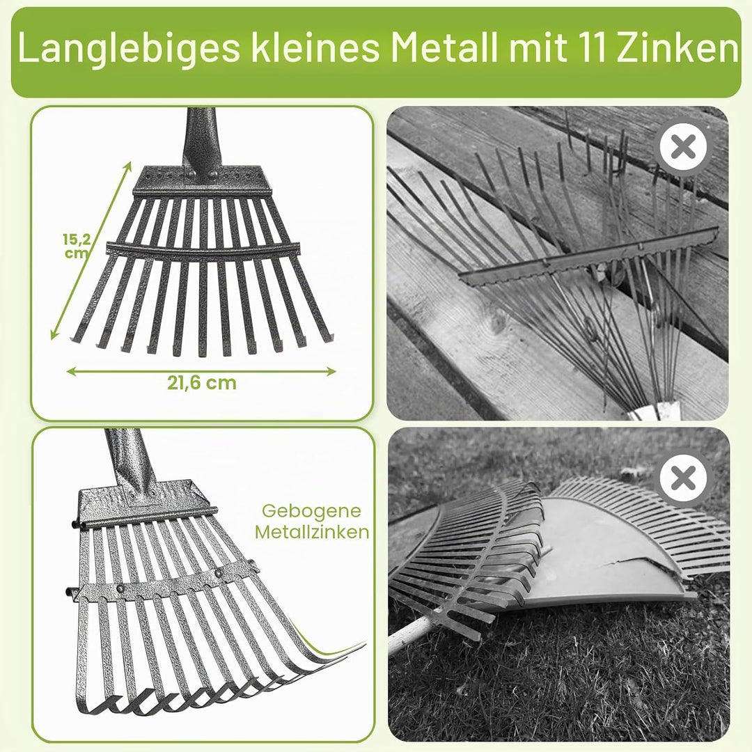 Rechen Garten, Laubrechen mit Stiel Metall mit 11 Zinken, 177 cm Einstellbar Gartenrechen mit Metall