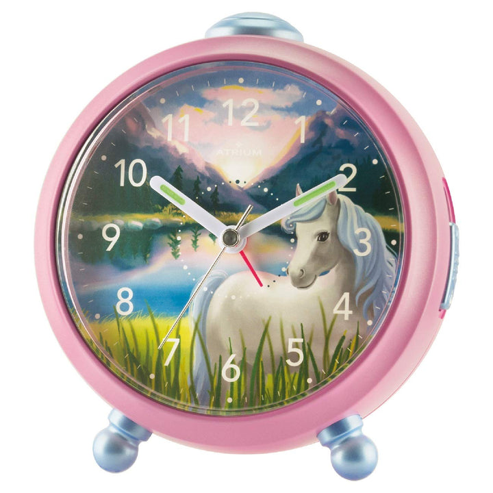 Atrium Kinderwecker Mädchen Siabelle Pferd Rosa Lila Weiss Analog Quarz ohne Ticken mit Licht und Sn