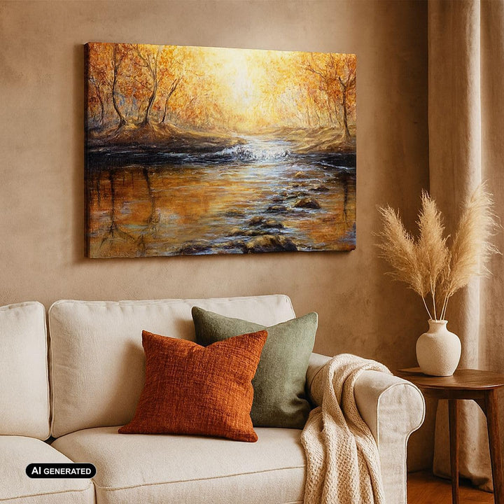 Bilder auf Leinwand 100x70cm Leinwandbild mit Rahmen Bach Park Baum Gross Wanddeko Bild Schlafzimmer