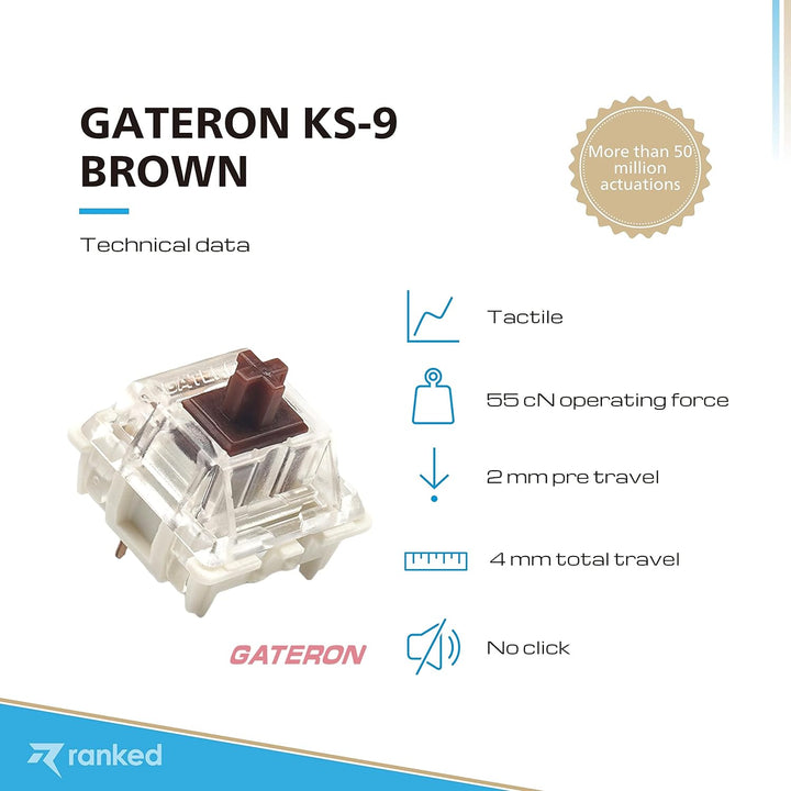 Packung mit Gateron ks-9 Tastenschaltern für Mechanische Tastaturen | Platte Montiert (Gateron Brown