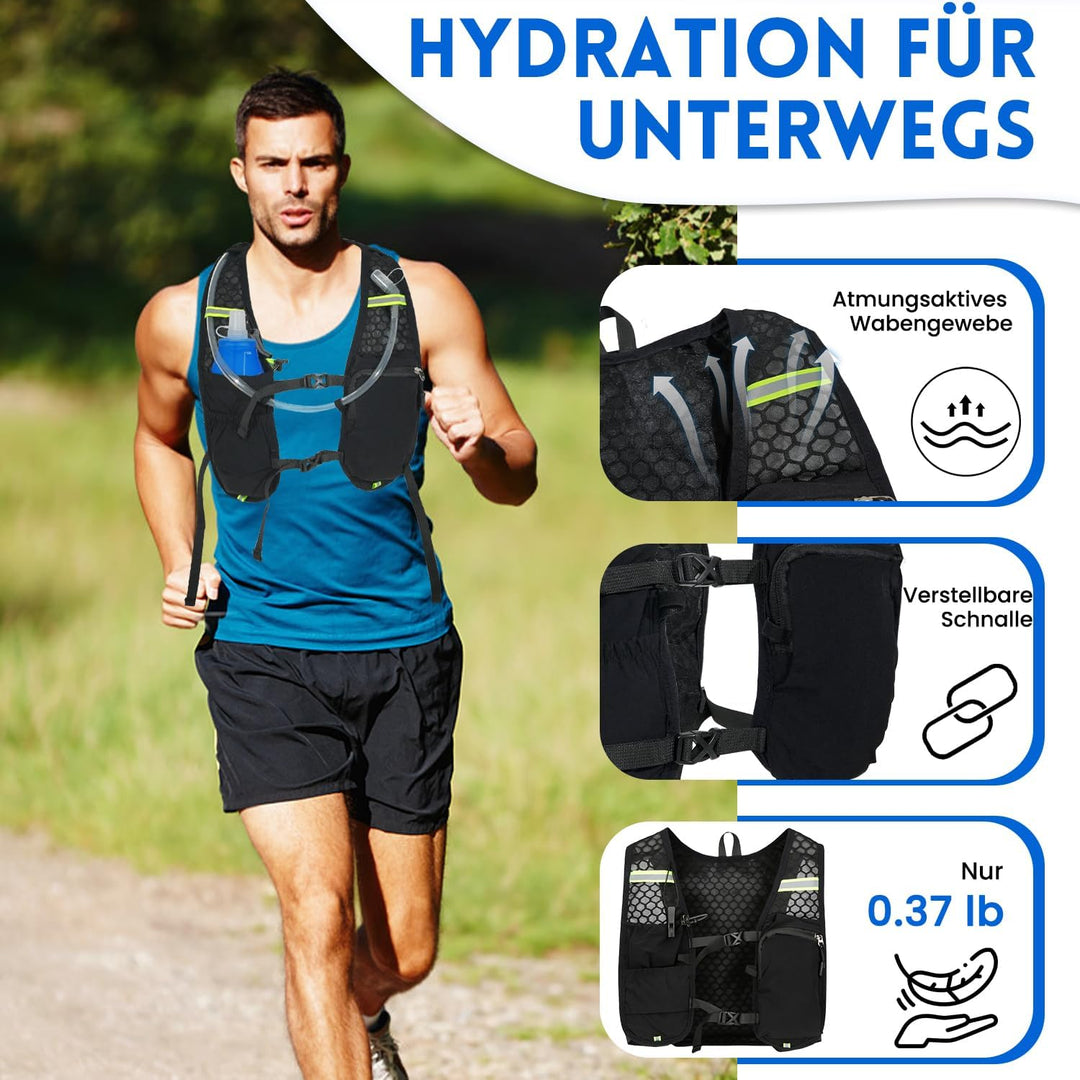 Laufweste mit Trinkblase 1,5L und Trinkflasche 500ml, Verstellbarer Ultra-Leichter Trinkrucksack für