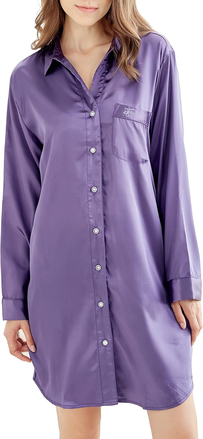 Nachthemd Damen, Satin Nachtkleid Langarm Nachtwäsche mit Knopfleiste Schlafhemd Freizeitkleidung Vi