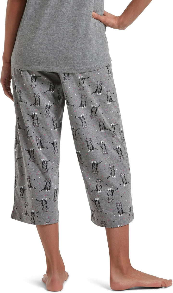 HUE Damen Printed Knit Capri Pajama Sleep Pant Pyjamahose, Medium Grey Heather/Sweet Kitty