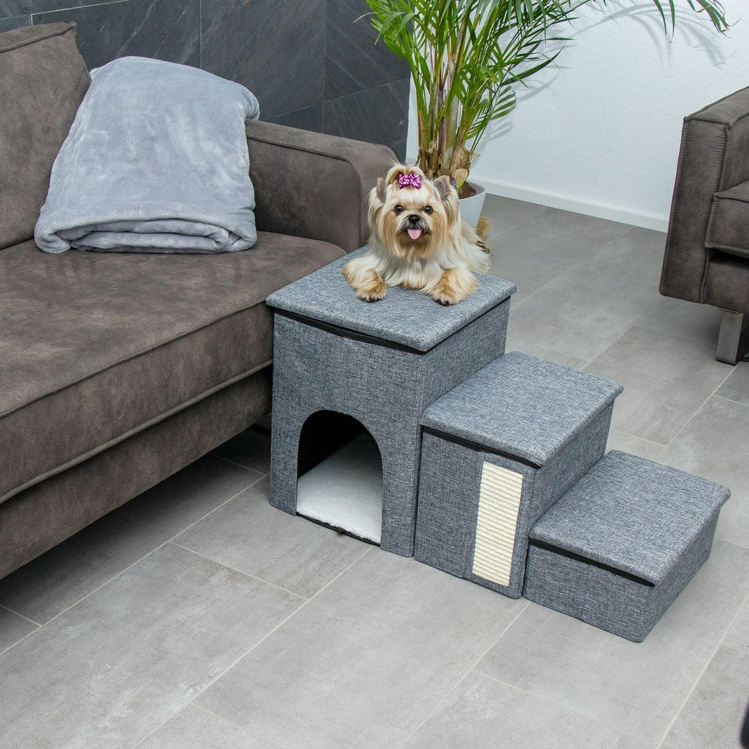 Intirilife Faltbare Hundetreppe mit 3 Stufen in Grau -72x32,5x43 cm- Haustiertreppe mit Stauraum -Ka
