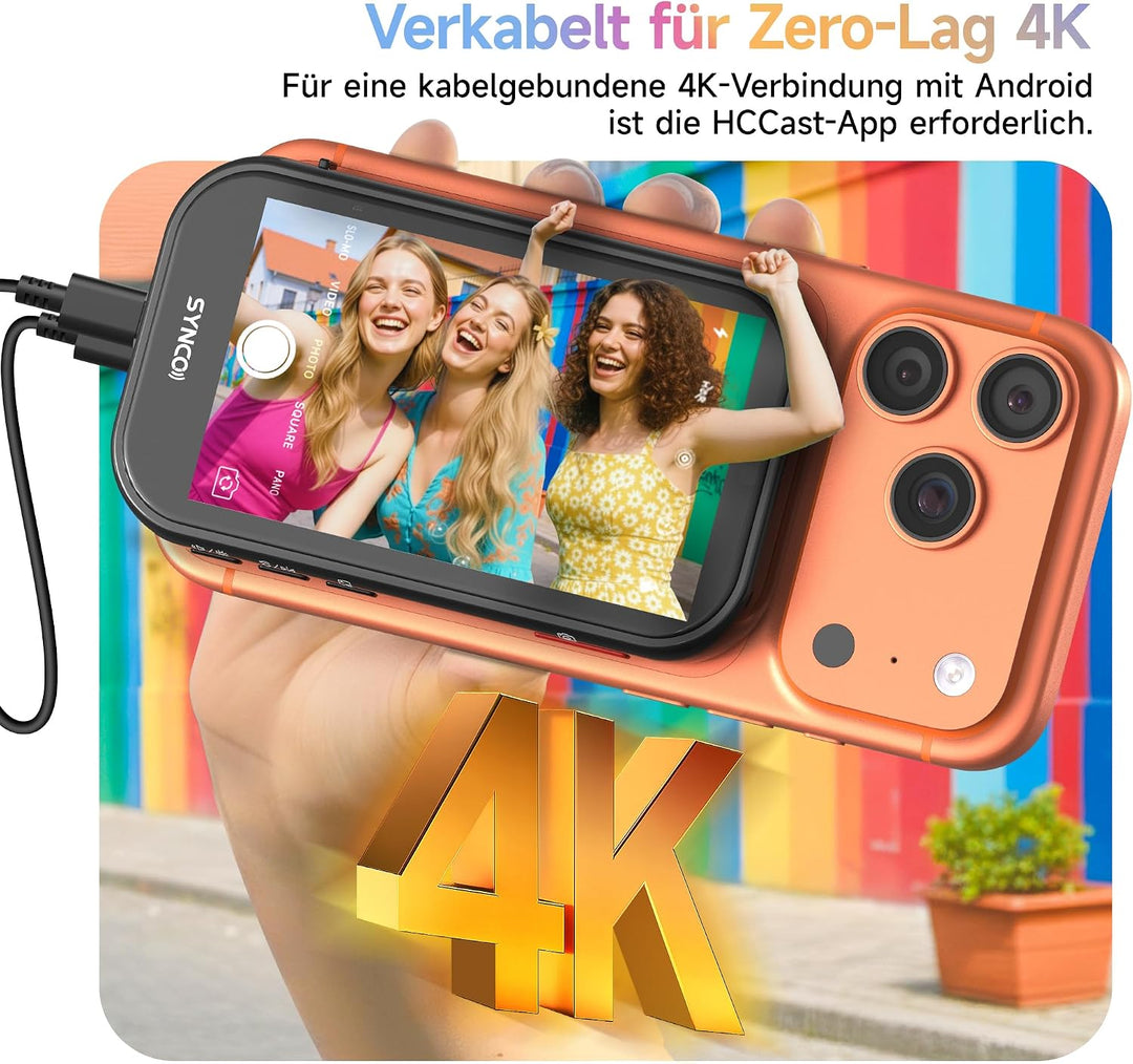 SYNCO XView M4 AI Handy Selfie Monitor mit Licht für iPhone 7-17 (Schwarz) | KI-Gestensteuerung, 4K