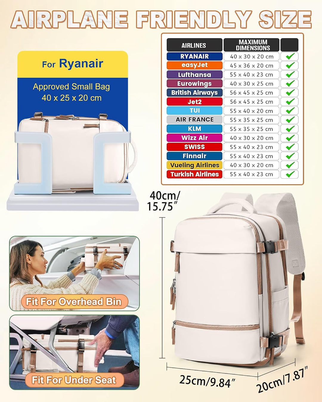 SZLX Grosser Reiserucksack Damen,Vakuum Rucksack mit Pumpe Ryanair Handgepäck 40x30x20 Herren, Wizza