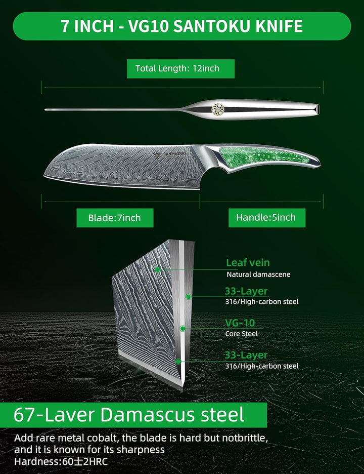 SANMUZUO 17,5CM Santokumesser, Kochmesser aus Japanischem VG-10-Damaststahl, ultrascharfes Küchenmes