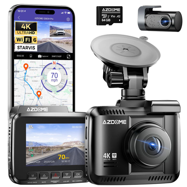 AZDOME Dashcam Auto Vorne Hinten 4K/2,5K GPS WiFi Dash Cam Auto mit Starvis, 64GB SD Karte, Auto Kam