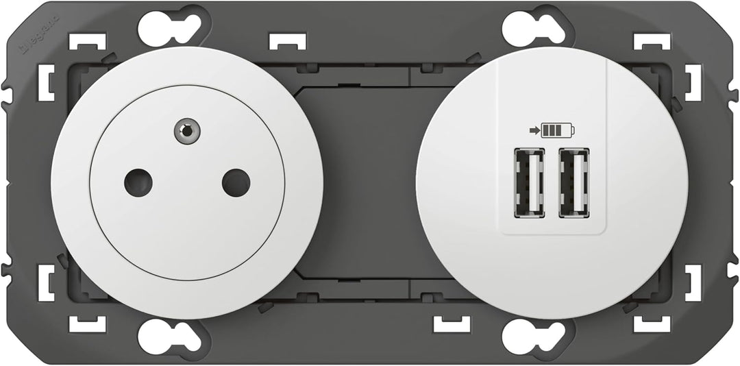 Steckdose 2P + T Surface + Ladegerät 2 USB Typ A DOOXIE 3A vorverdrahtet Weiss