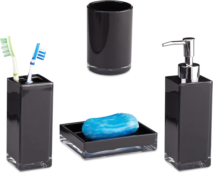 Relaxdays Badaccessoires Set 4-teilig, modern, Zahnputzbecher, Zahnbürstenhalter, Seifenspender, Sei