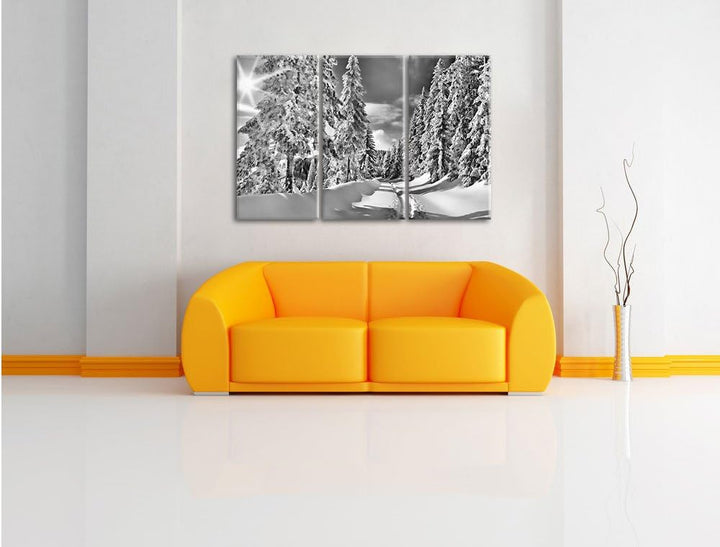 Pixxprint Monocrome, Winterlandschaft Bäume 3-Teiler Leinwandbild 120x80 Bild auf Leinwand