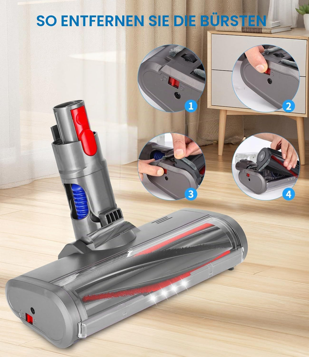 Bürste Kompatibel mit Dyson V7, V8, V10, V11, V15,Ersatzteile für Bodendüse mit 4 LEDs, Bürstenkopf