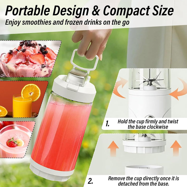 Tragbarer Smoothie Mixer To Go, 650ml Fresh Juice Blender mit 20000 RPM, USB-C Akku, 6 Edelstahlklin