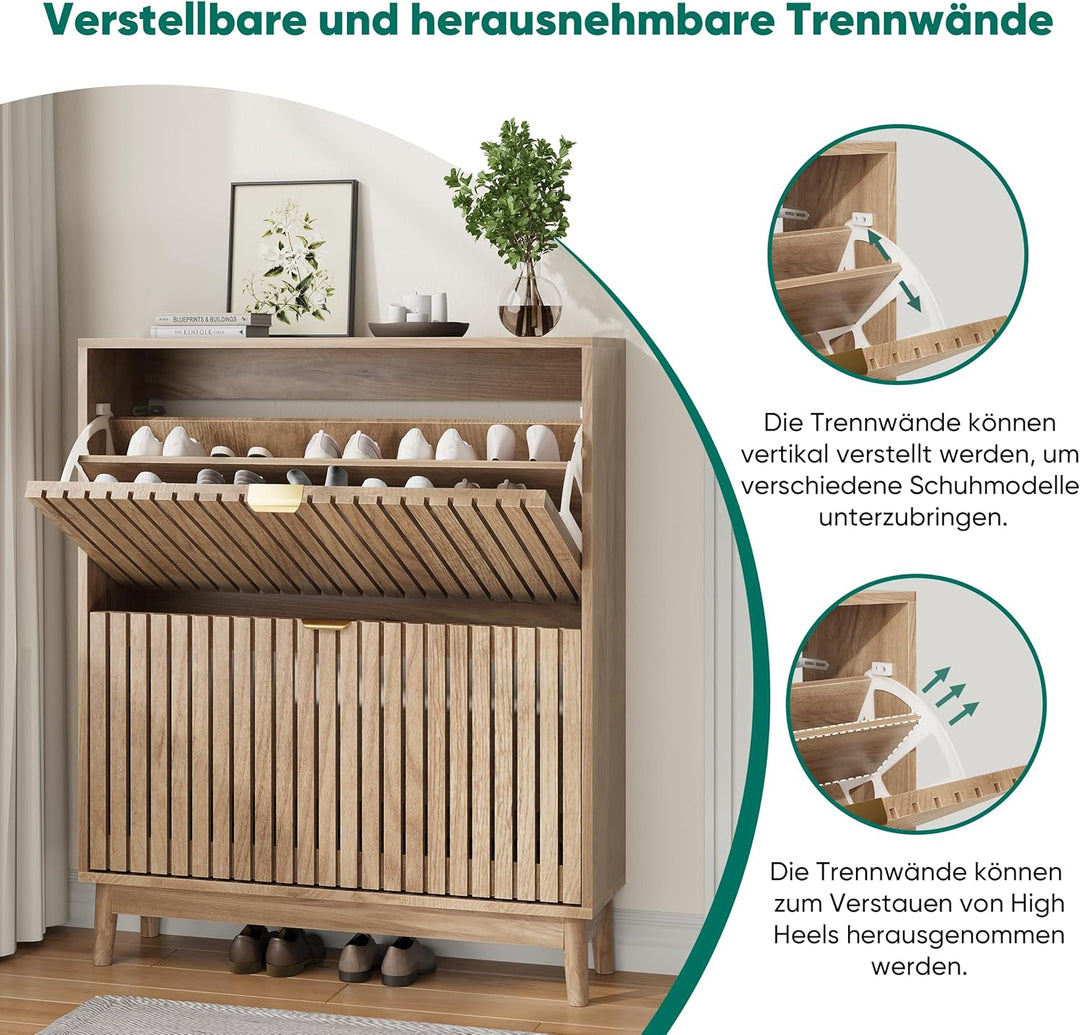 Kiasthome 2-flügiger Schuhschrank mit Klappschubladen, Holz-Schuhorganizer mit belüfteten Lamellentü