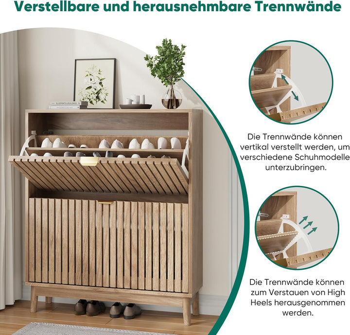 Kiasthome 2-flügiger Schuhschrank mit Klappschubladen, Holz-Schuhorganizer mit belüfteten Lamellentü