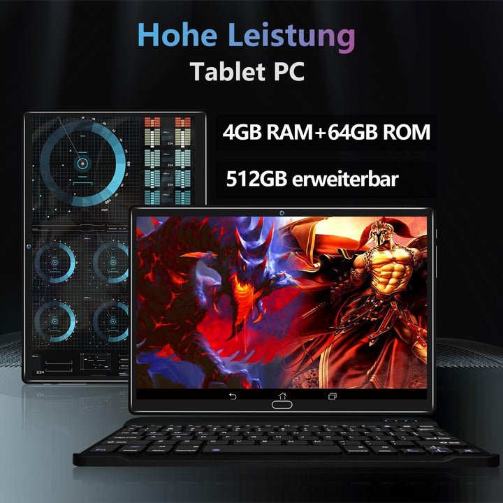 KADYBE 2024 Neueste Android 13 Tablet 10 Zoll,2-in-1 Tablet Mit 2 SIM Slots 1 SD, 64GB ROM TF 512GB,