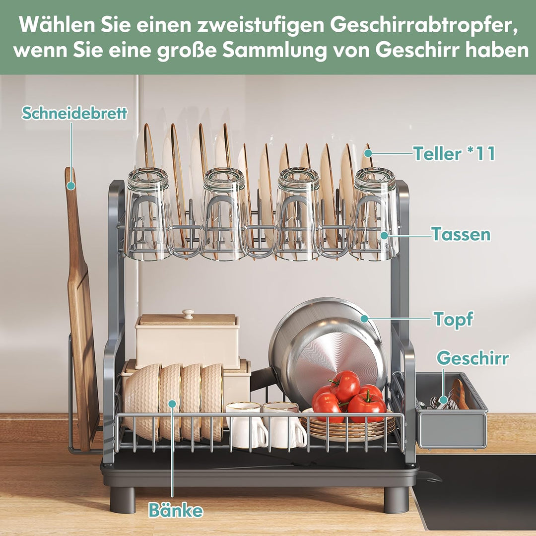 Boosiny Abtropfgestell Geschirr, 2-stöckiges Edelstahl-Geschirrabtropfgestell mit Abtropfschale, Ges