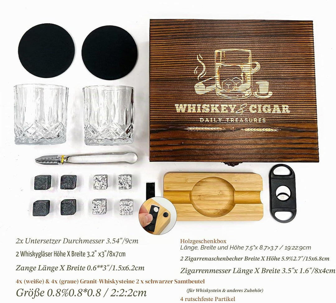 Daily Treasures Whiskey Steine Geschenkset mit hölzernem Aschenbecher&Schneider,Whiskey Gläser Set v