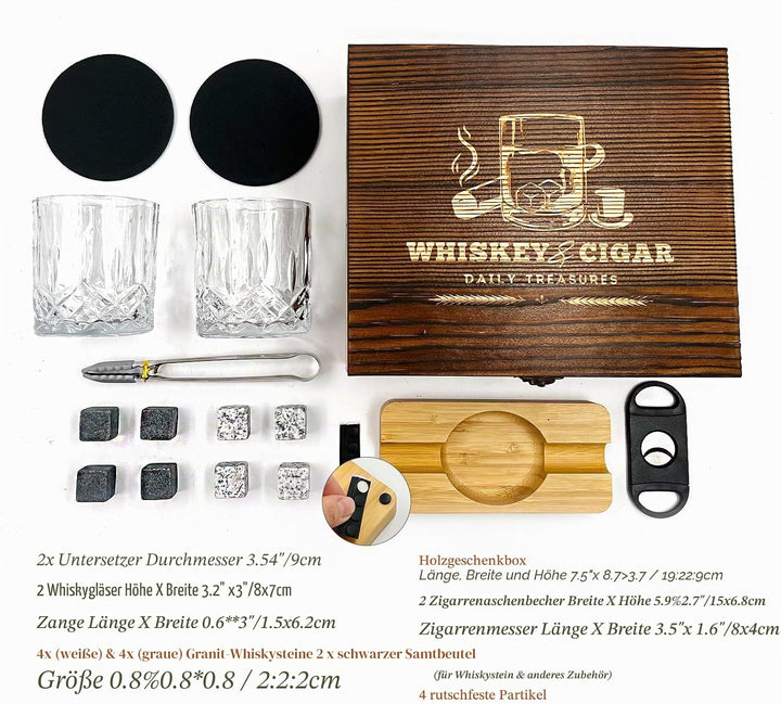 Daily Treasures Whiskey Steine Geschenkset mit hölzernem Aschenbecher&Schneider,Whiskey Gläser Set v