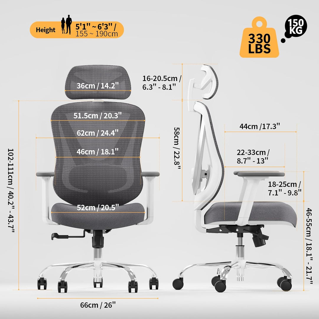 Ergonomischer Bürostuhl mit 3D Lendenstütze & 3D verstellbaren Armlehnen – V-förmiges Rücken-Design,