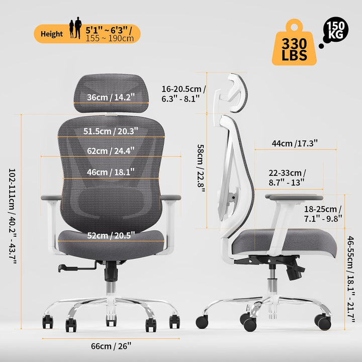 Ergonomischer Bürostuhl mit 3D Lendenstütze & 3D verstellbaren Armlehnen – V-förmiges Rücken-Design,