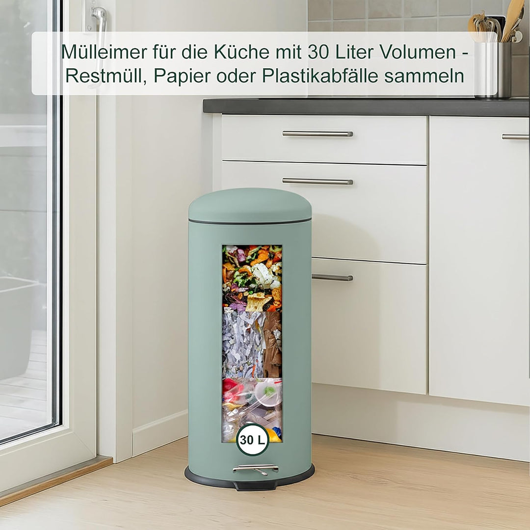 Relaxdays Mülleimer 30 Liter, Küchenabfalleimer mit Absenkautomatik, Henkel & Trittpedal, runder Pap