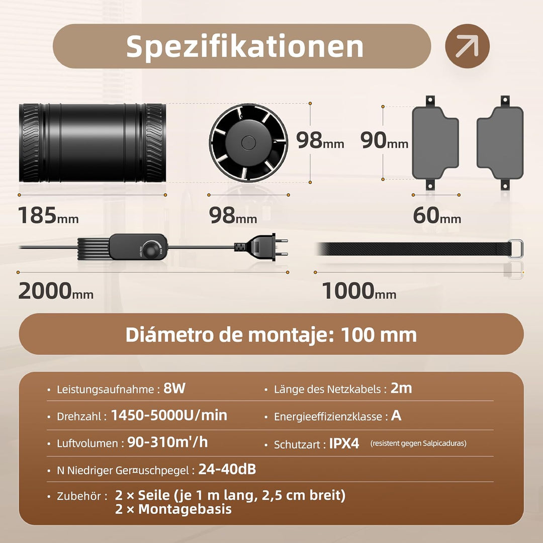 100mm Rohrventilator Regelbar, Rohrlüfter 8W, 310m³/h, Überhitzungsschutz Ventilator, Kanalventilato