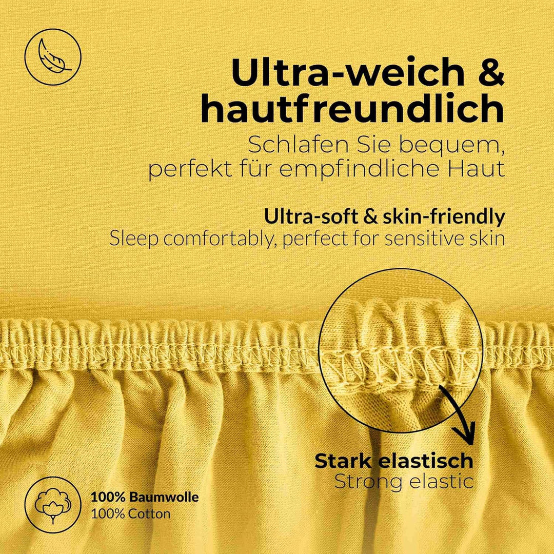 etérea Jersey Spannbettlaken 120x200cm Gelb bis 25 cm Höhe - 100% Baumwolle Comfort Spannbetttuch, O