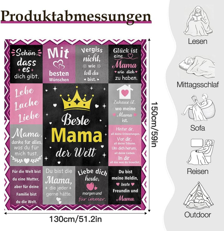 Mama Geschenk Kuscheldecke 150×130CM Flanelldecke Schlafdecke für Mama Katzenmam Oma Muttertagsgesch